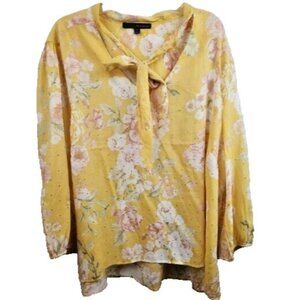 Harve Bernard Womens BOHO Blouse Top Size 3X Yellow Floral Bow Tie Cottagecore